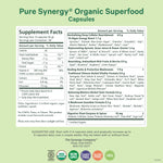 Pure Synergy Superfood Capsules supplement facts panel detailing sixty plus organic green ingredients