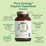 Authentic Pure Synergy imported whole food supplement capsules displayed next to organic green ingredients