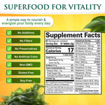 Nutritional facts label on the back of Sunlit Best Green Organics Spirulina bottle.