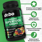 Dr. Bo plant based greens and fruit tablets for natural energy boost