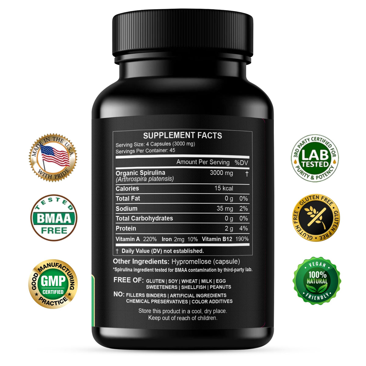 Organic Spirulina Powder 3000 mg supplement label nutritional facts