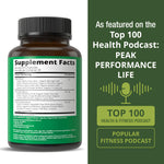 Peak Performance organic super greens juice supplement showcasing its 150 vegan capsules count.