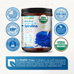 Biophix organic blue spirulina powder packaging showing vegan and non GMO certification badges.