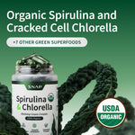 Snap Supplements blue green algae protein rich supplement bottle highlighting the non-GMO and gluten-free certifications.