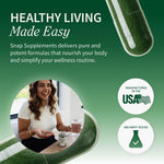 Snap Supplements cracked-cell chlorella and spirulina complex highlighting the daily immune and heart support benefits.