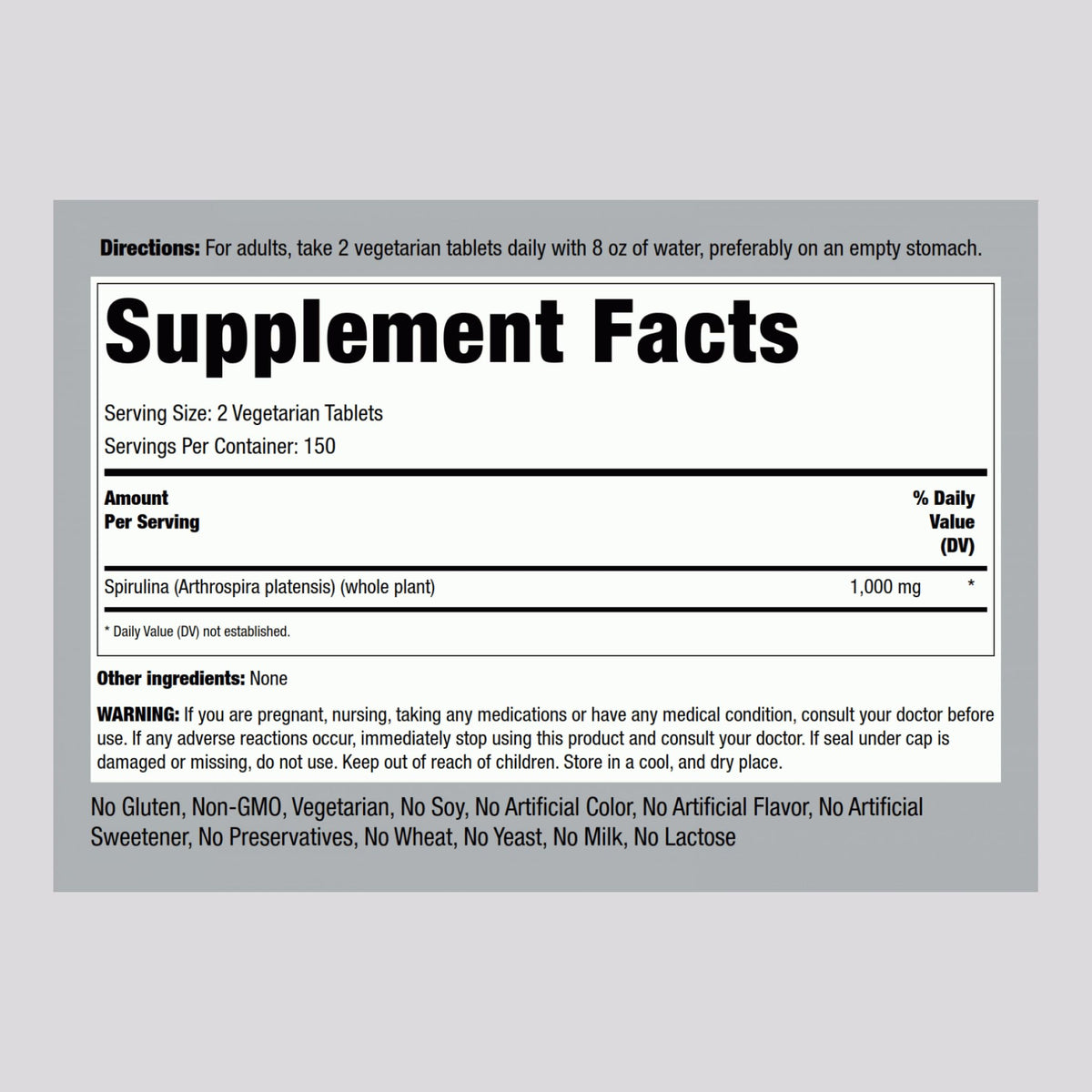 Piping Rock Organic Spirulina Arthrospira Platensis supplement facts label