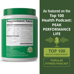 Side view of Peak Performance Organic Greens Superfood Powder packaging with doctor developed seal