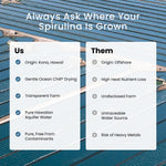 Pure green Hawaiian spirulina powder product layout highlighting the certified vegan seal.