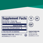 Scoop of vibrant green Vimergy concentrated plant protein powder next to the product container.