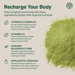 Proper nutrition greens daily boost powder canister highlighting plant based non GMO certification