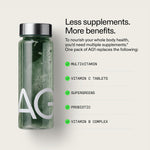 Athletic Greens AG1 supplement bag highlighting the seventy-five vitamins and probiotic benefits for gut health