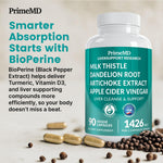 PrimeMD premium health supplement bottle displaying non-GMO and gluten-free certifications on the side label