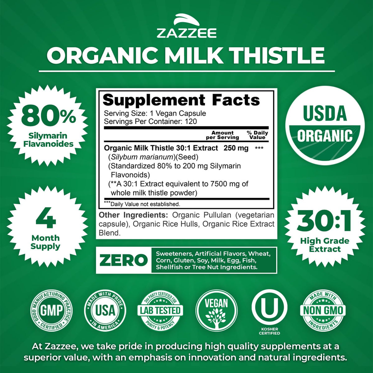 Zazzee 30 to 1 milk thistle extract vegan capsules product packaging details