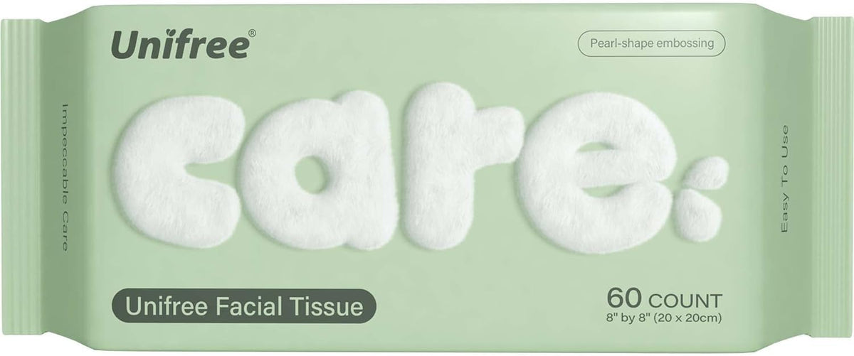 Stack of Unifree disposable skincare towels in bathroom setting