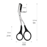 Stainless steel precision eyebrow trimming scissors showing non slip black finger loops close up