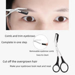 Compact black eyebrow scissors and comb kit resting on a clean vanity surface