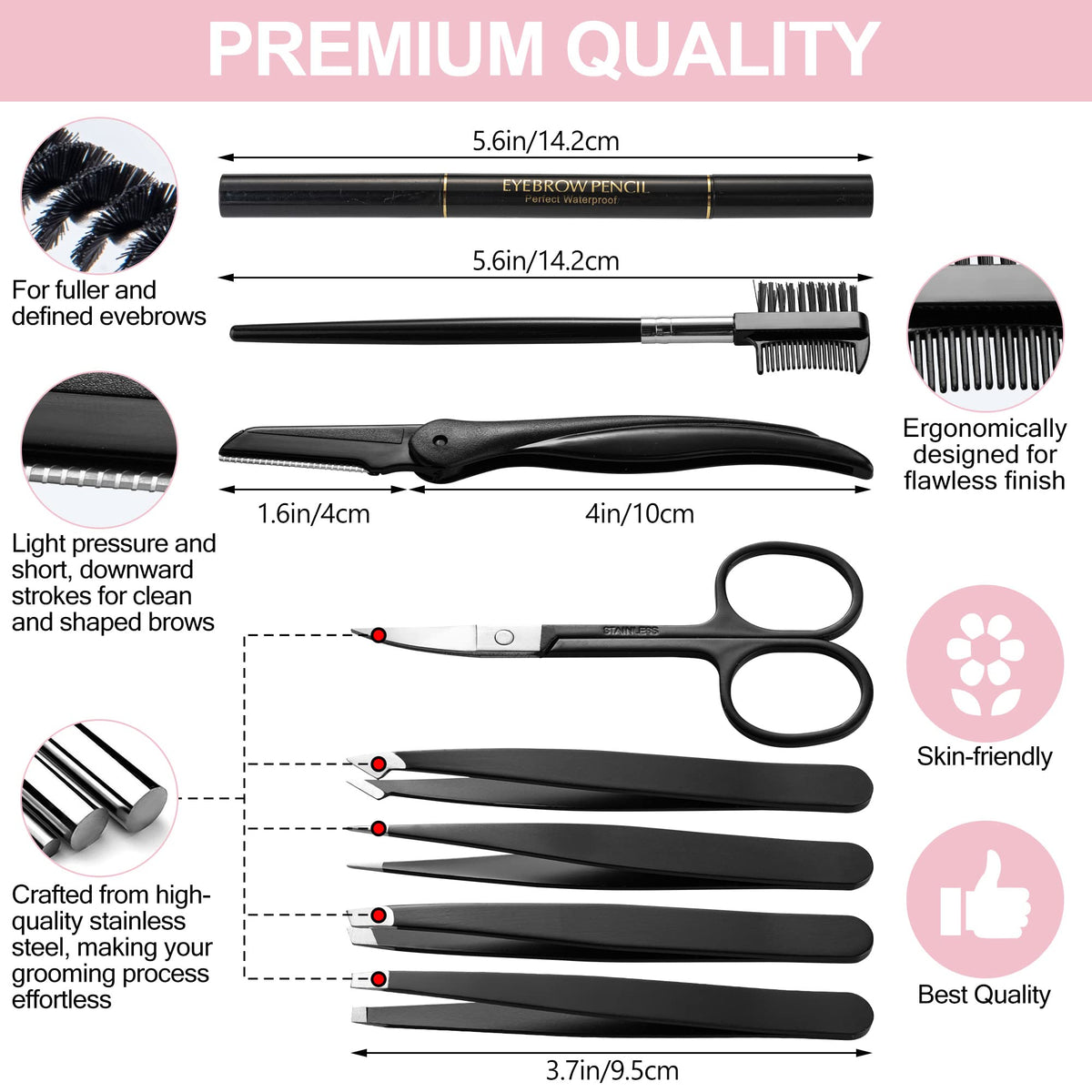 Detailed view of the 8-piece eyebrow tool collection