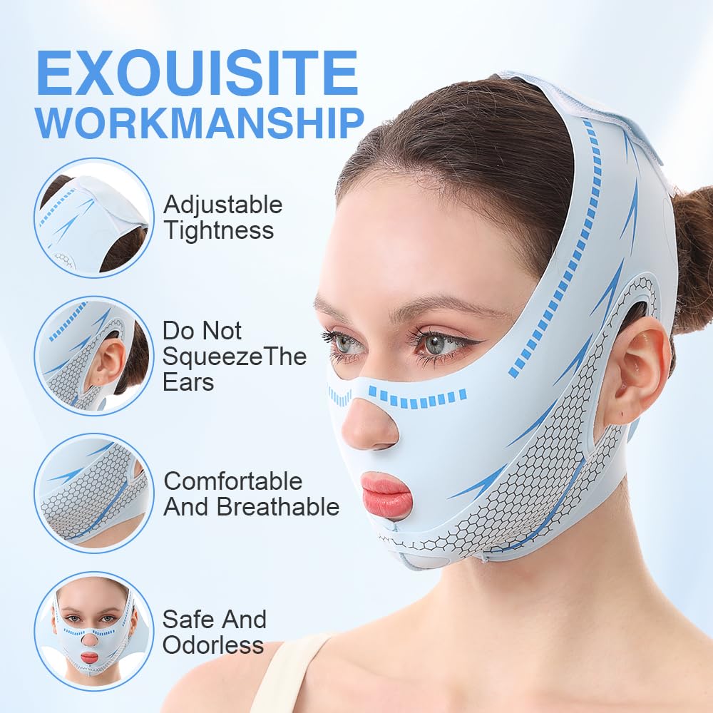 Model wearing blue Tbest anti-snoring chin strap