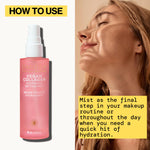 Dewy finish face mist spray application on model skin