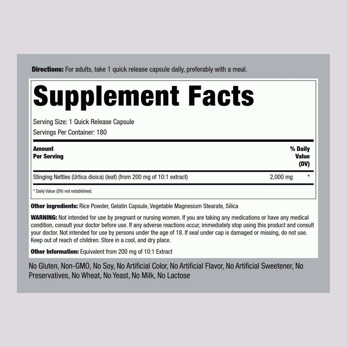 Piping Rock Stinging Nettles supplement facts label