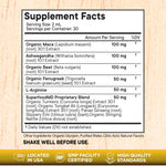 Superfood MD adaptogenic liquid supplement side panel highlighting the complete ingredient list and nutritional facts