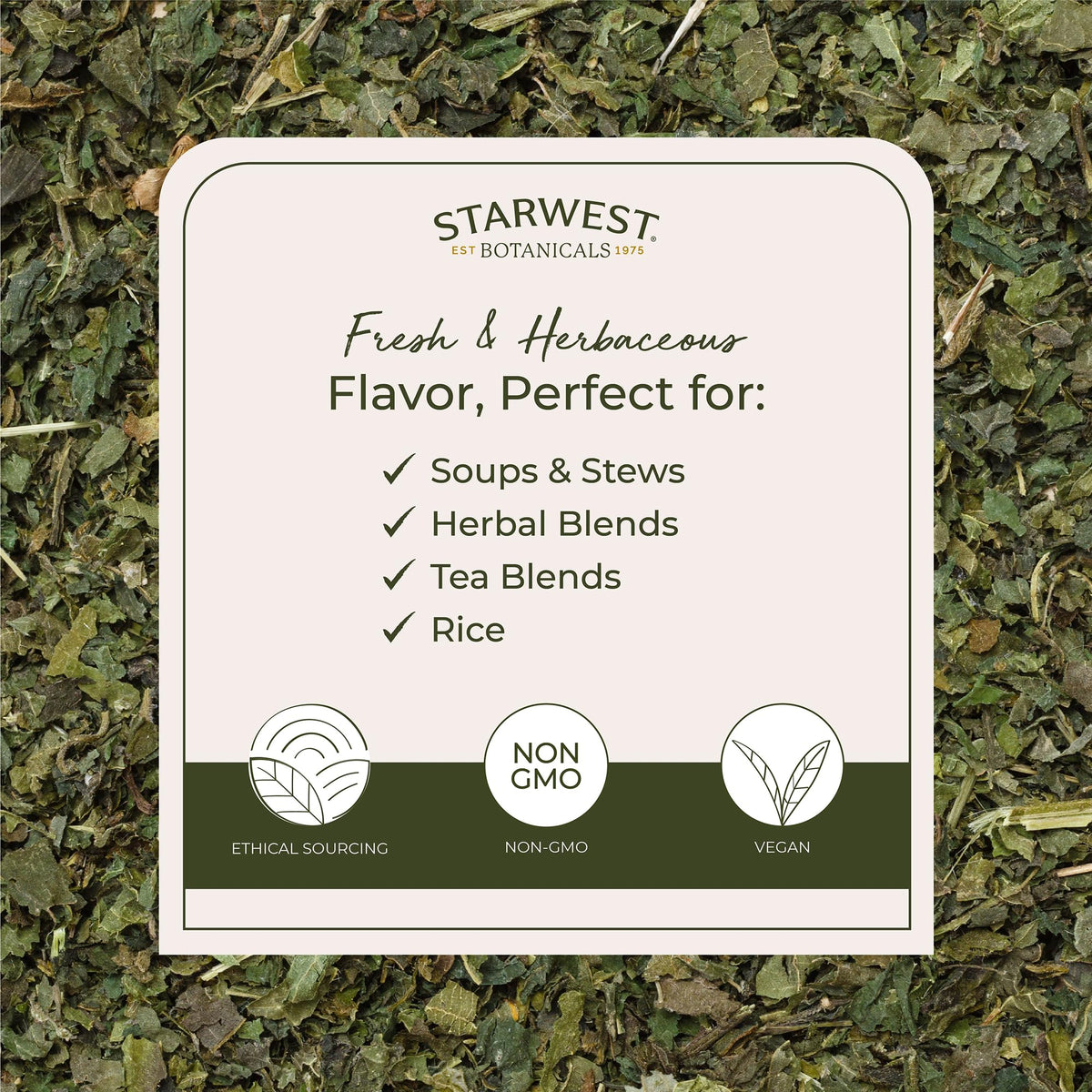 Back of Starwest Botanicals organic herbal tea packaging