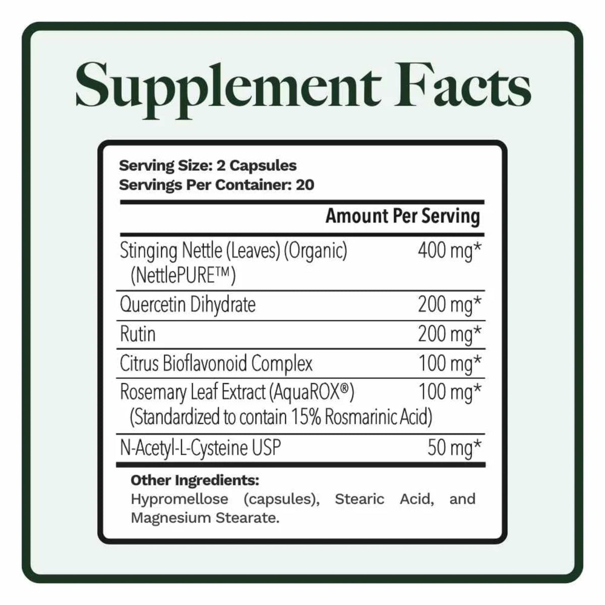 Utzy Naturals Allurtica seasonal allergy support bottle label details