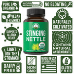 Peak Performance USDA Organic nettle leaf capsules showing certified vegan and non GMO seals