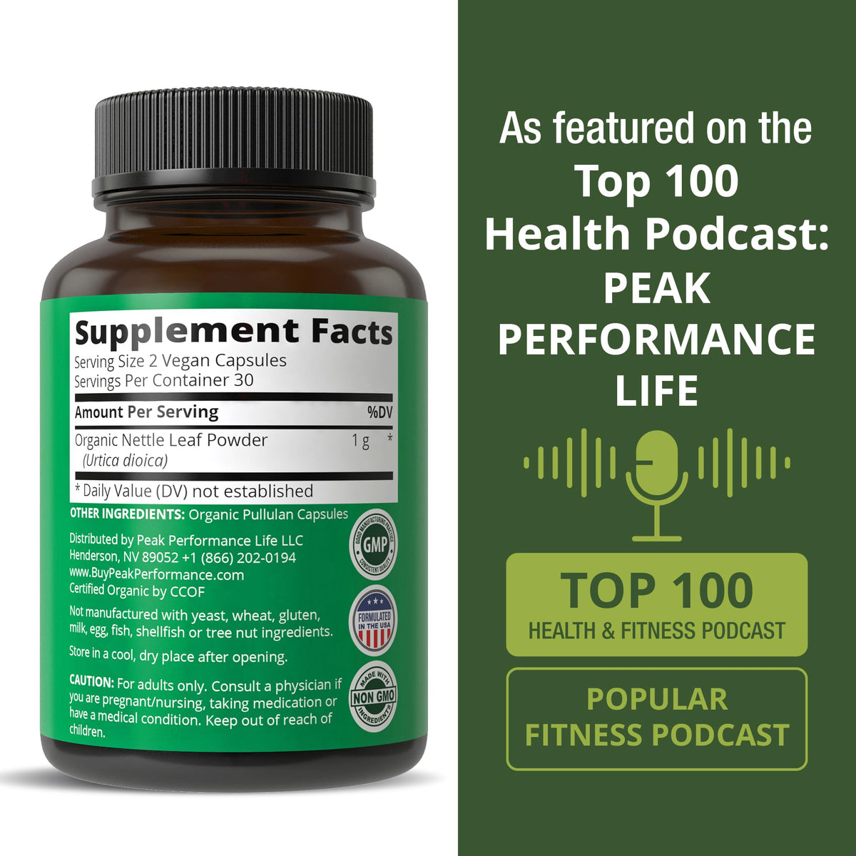 Side view of Peak Performance stinging nettle supplement showcasing clean formulation and allergen warnings