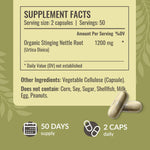 Side profile of HERBAMAMA Stinging Nettle Root supplement bottle showcasing non-GMO and vegan certification logos