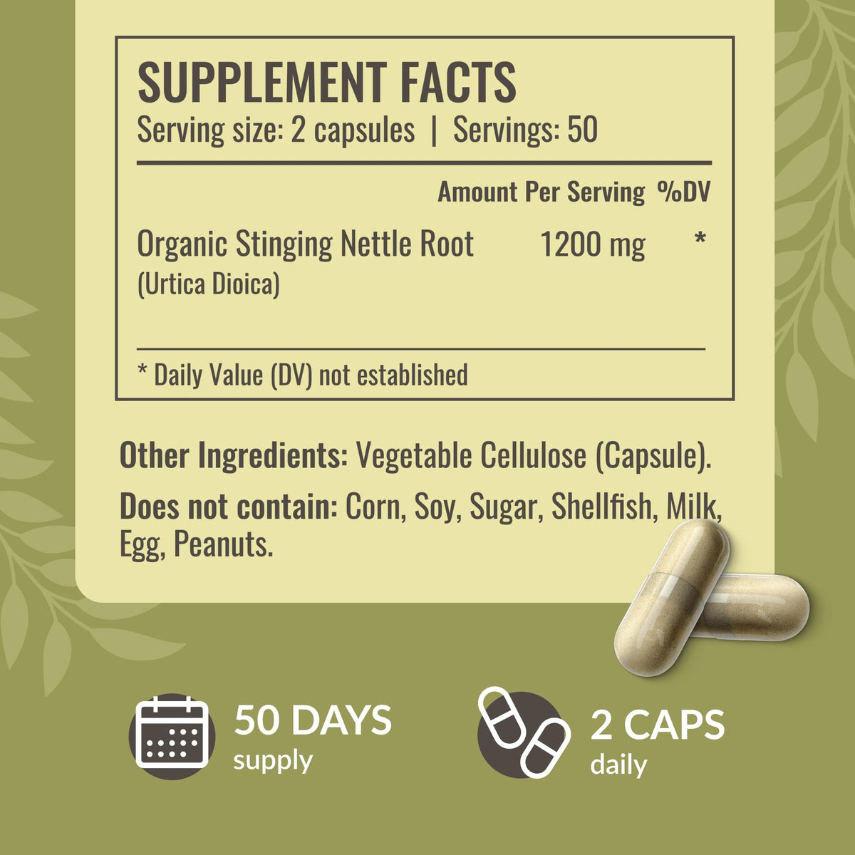 Side profile of HERBAMAMA Stinging Nettle Root supplement bottle showcasing non-GMO and vegan certification logos