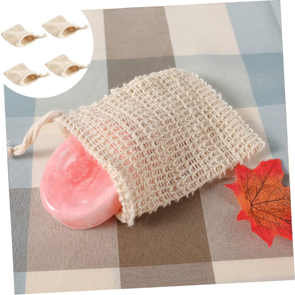 ExxyDirect soap saver net showing the wooden bead drawstring closure mechanism.