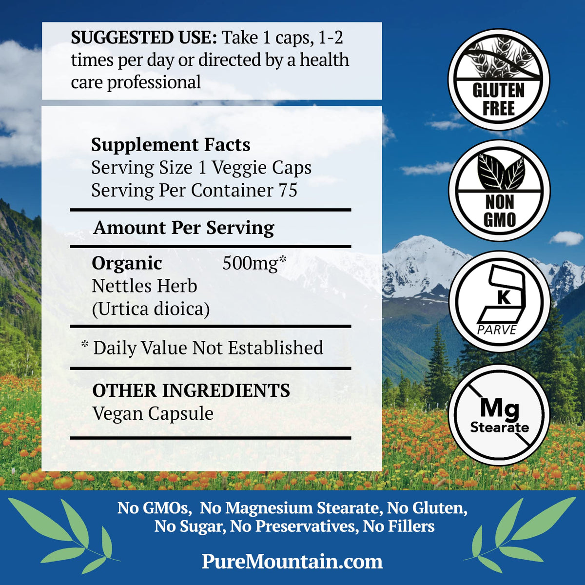 Pure Mountain Botanicals Stinging Nettle Leaf 500mg supplement label details