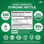 Premium USA imported stinging nettle vegan capsules displayed alongside authentic product packaging