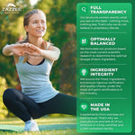 Zazzee Naturals dietary supplement container illustrating respiratory and prostate health benefit callouts