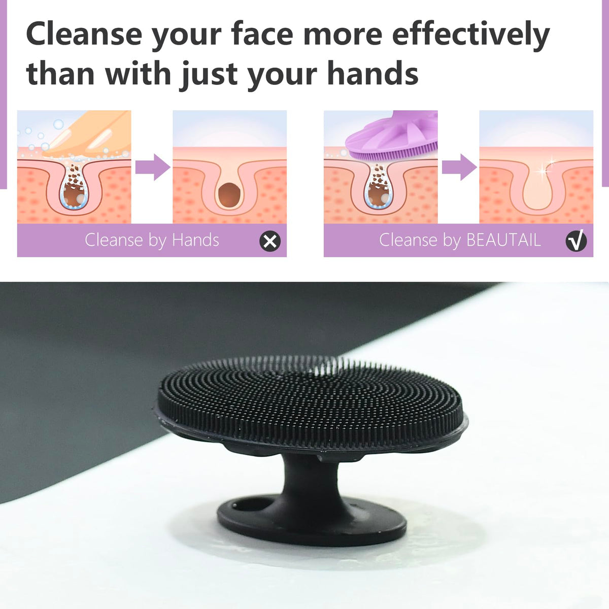 Textured pad on the manual facial scrubber for target T-zone blackhead removal