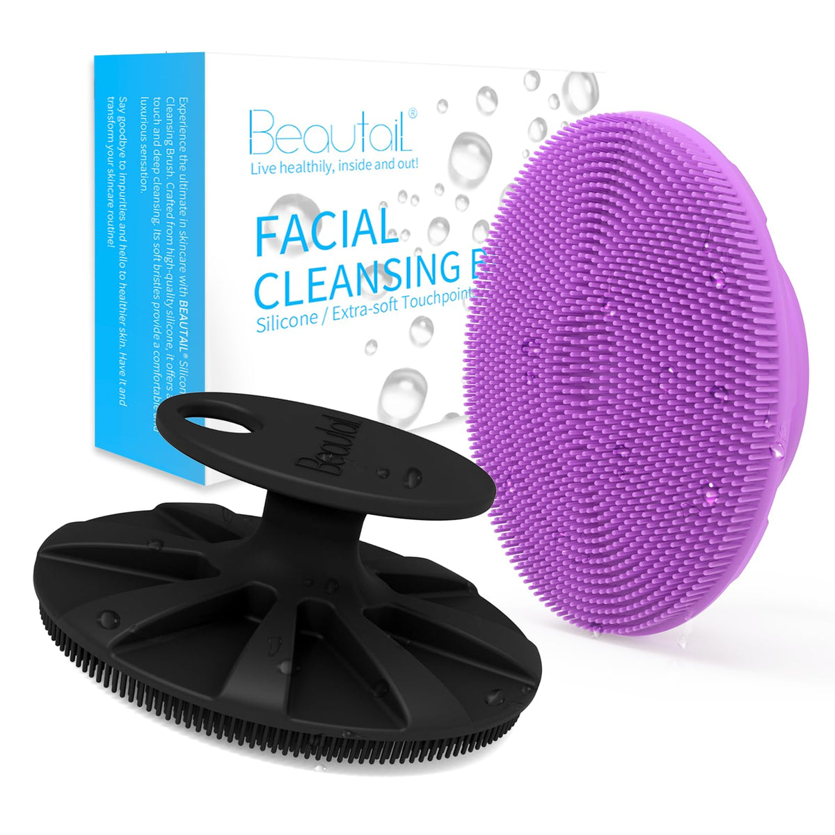 Compact travel friendly packaging of the BEAUTAIL silicone skincare brush duo