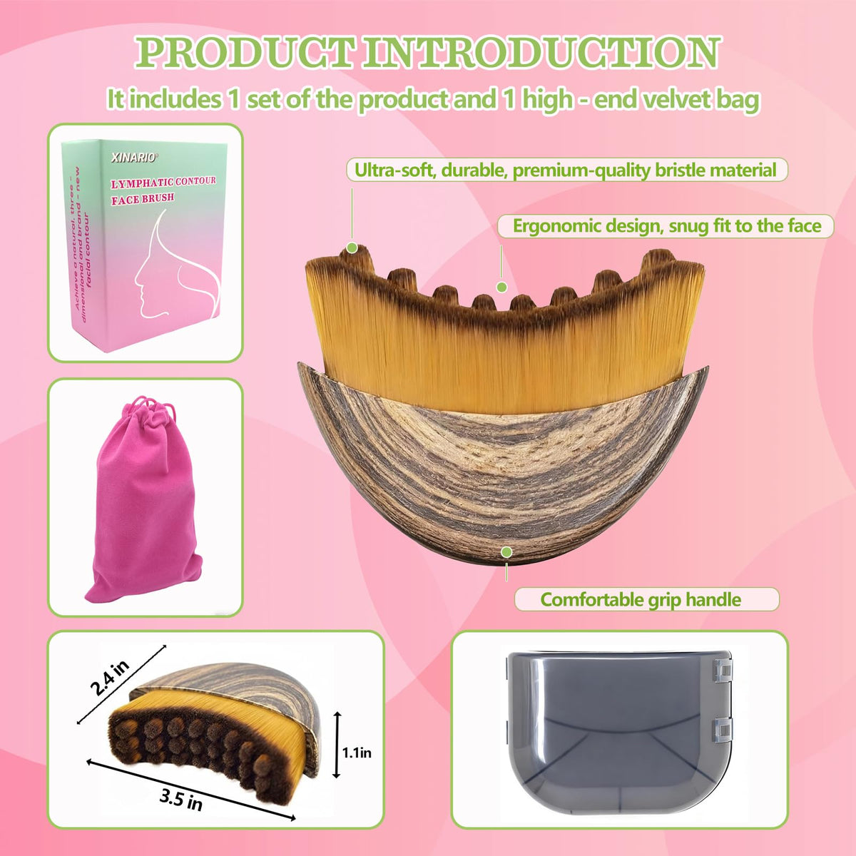XINARIO lymphatic face brush set displayed inside its premium pink drawstring velvet pouch with grey protective case