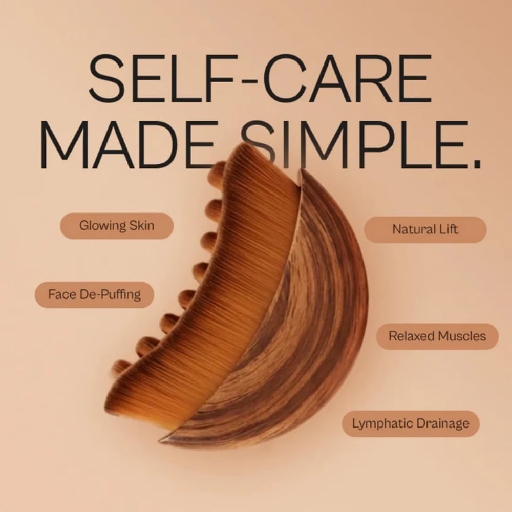 Ergonomic wood grain handle of the Aeki lymphatic drainage massager for comfortable grip and facial contouring