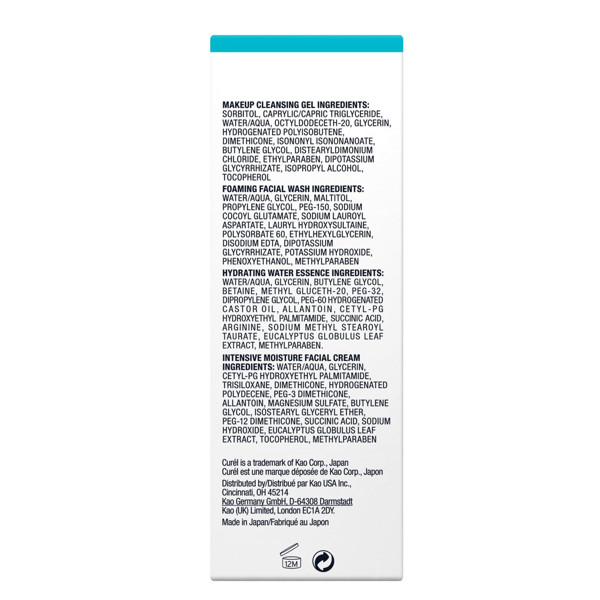 Unboxed Curel travel size toiletries showing cleanser textures and bottles