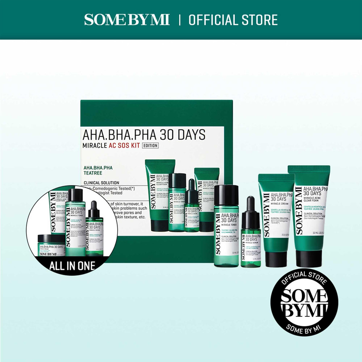 Close up of the four products in the Korean skincare starter set including foam cleanser toner serum and cream.