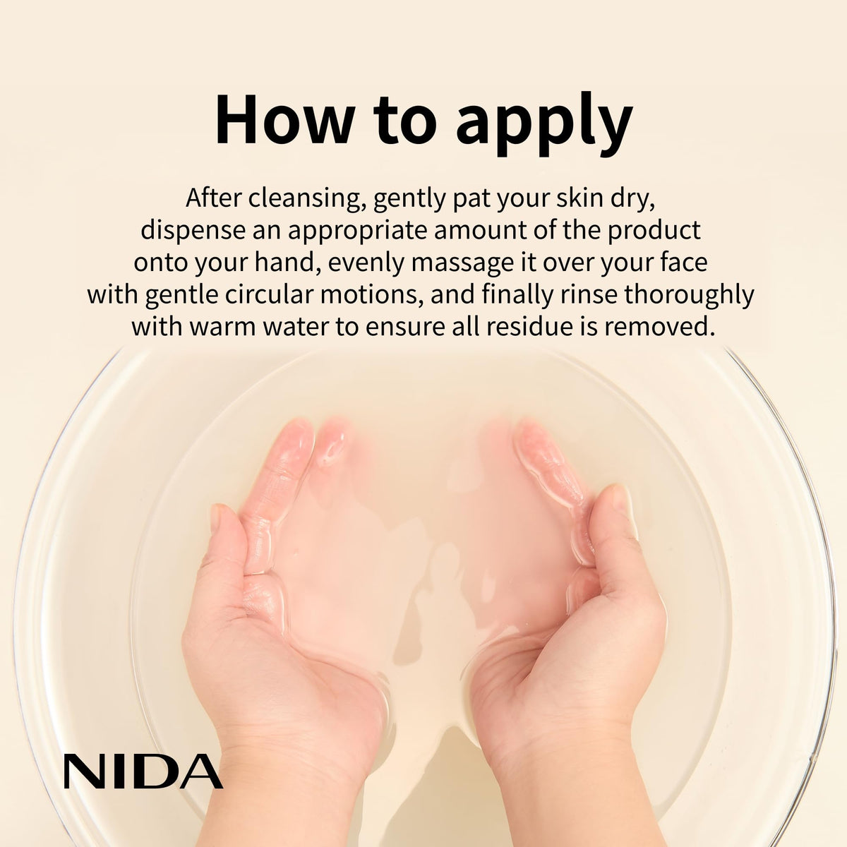 NIDA exfoliating serum bottle showing product consistency and application method