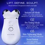 NuFACE skin tightening massager side profile displaying sleek ergonomic handle and dual spheres.