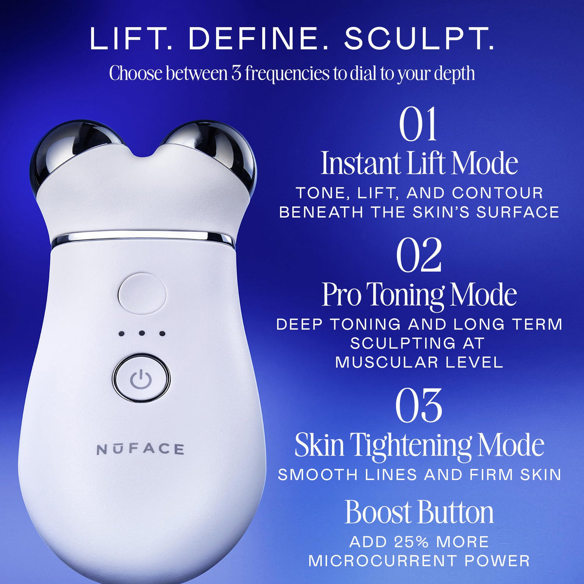 NuFACE skin tightening massager side profile displaying sleek ergonomic handle and dual spheres.