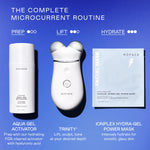 NuFACE neck tightening device being guided upwards along the neck area for sagging skin treatment.