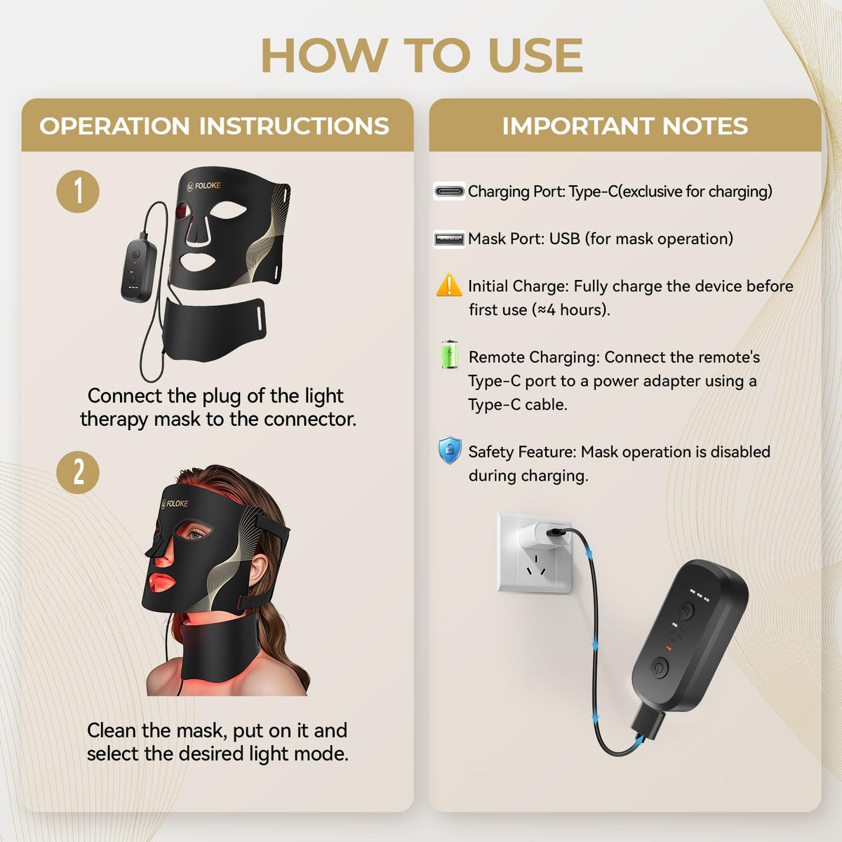 FOLOKE LED face and neck phototherapy mask worn comfortably with adjustable velcro straps.