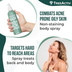 TreeActiv body acne treatment solution with tea tree oil and eucalyptus ingredients listed.