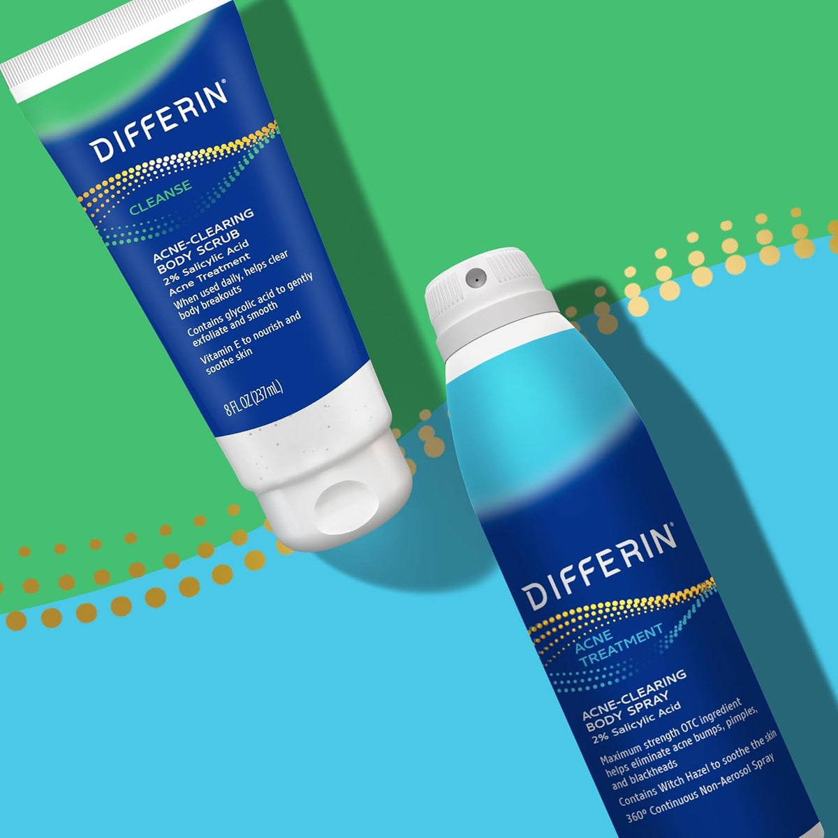 Differin clear skin body mist showing the secure cap and premium continuous spray mechanism