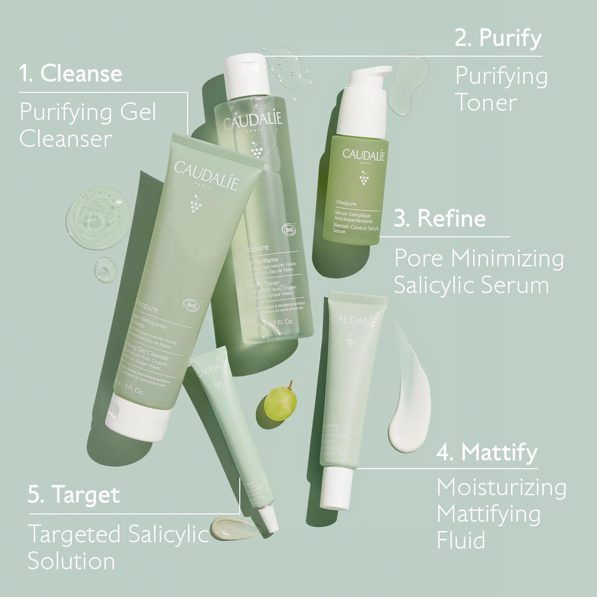Caudalie Vinopure skincare routine essential cleanser bottle