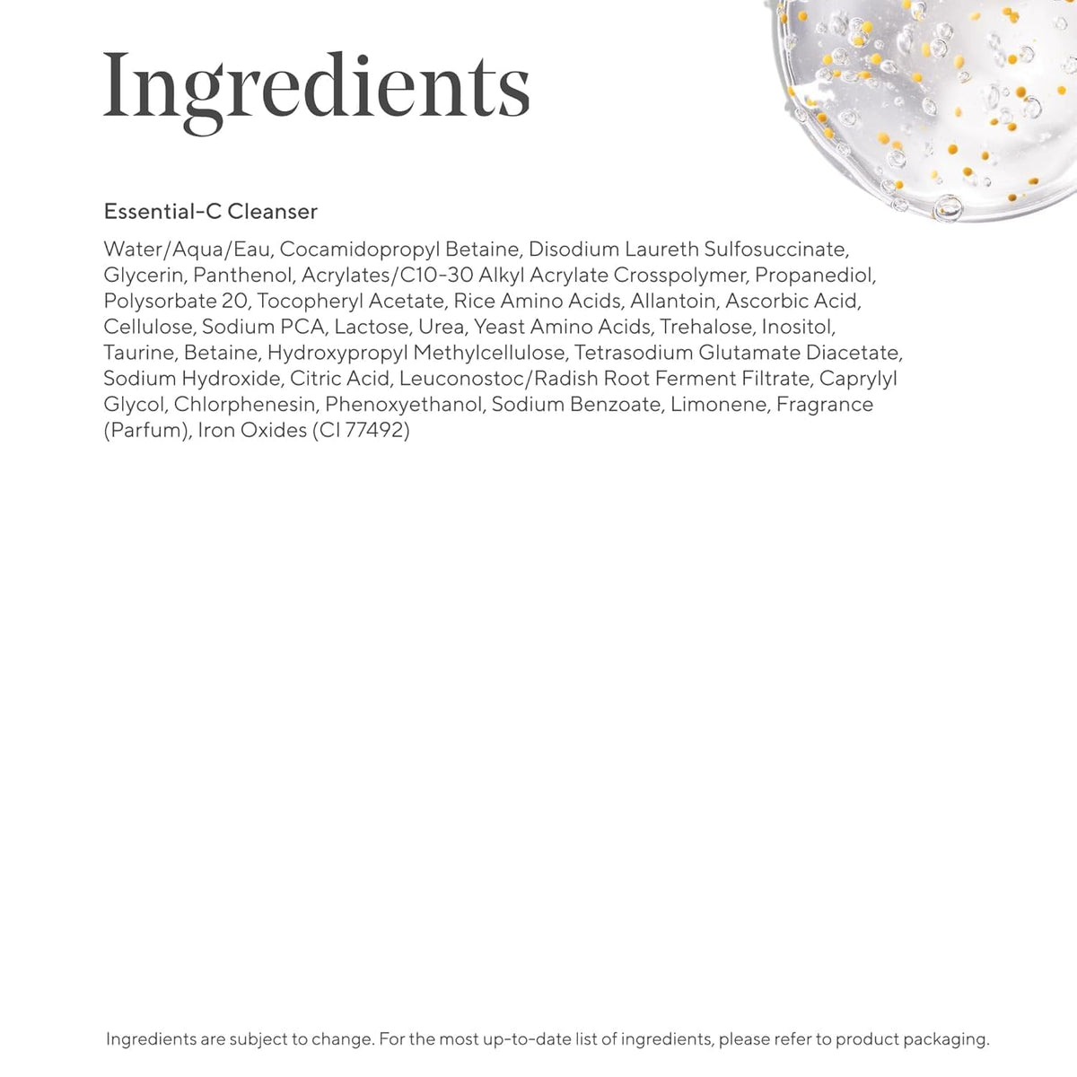 Back of Murad Essential-C Cleanser bottle with ingredients